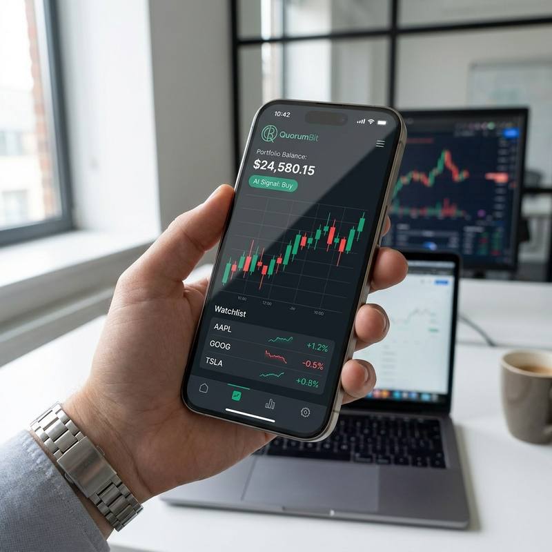 Mano sosteniendo un celular con la app de QuorumBit: saldo del portafolio, señal de compra de la IA, gráfico de velas y lista de seguimiento